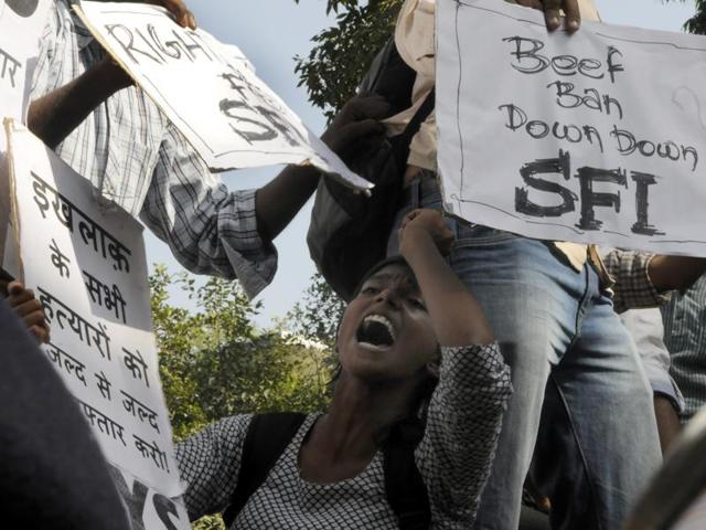 All India Students Association United (AISA) marched in protest against the Dadri Killing. Taunting “liberals” for using cow slaughter as a “protein for their secular politics”, RSS organ ‘Organiser’ has accused them of using the Dadri lynching as an opportunity to attack Hindu beliefs as it termed the killing as “not something unprecedented” or “unheard of”.(Sonu Mehta/HT Photo) All India Students Association United (AISA) marched in protest against the Dadri Killing. Taunting “liberals” for using cow slaughter as a “protein for their secular politics”, RSS organ ‘Organiser’ has accused them of using the Dadri lynching as an opportunity to attack Hindu beliefs as it termed the killing as “not something unprecedented” or “unheard of”.(Sonu Mehta/HT Photo)