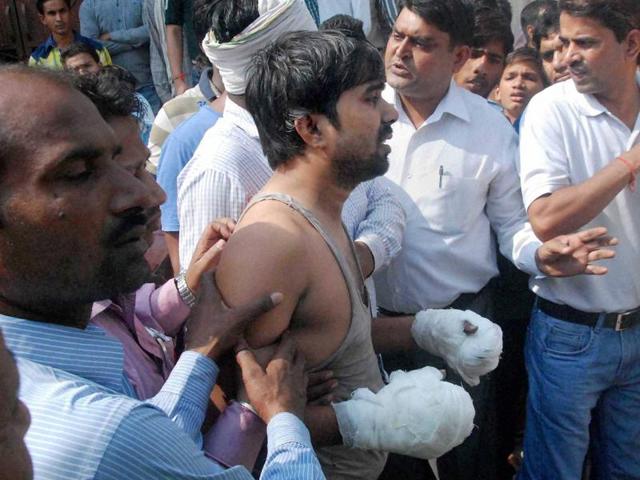 A member of the Dalit family whose house was set on fire in Faridabad’s Ballabgarh.(PTI) A member of the Dalit family whose house was set on fire in Faridabad’s Ballabgarh.(PTI)