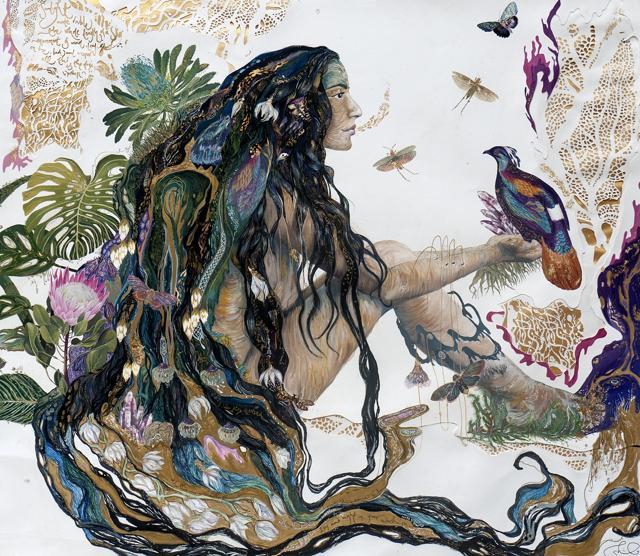 Let Down Your Hair, acrylic and papercut on archival paper, by Shilo