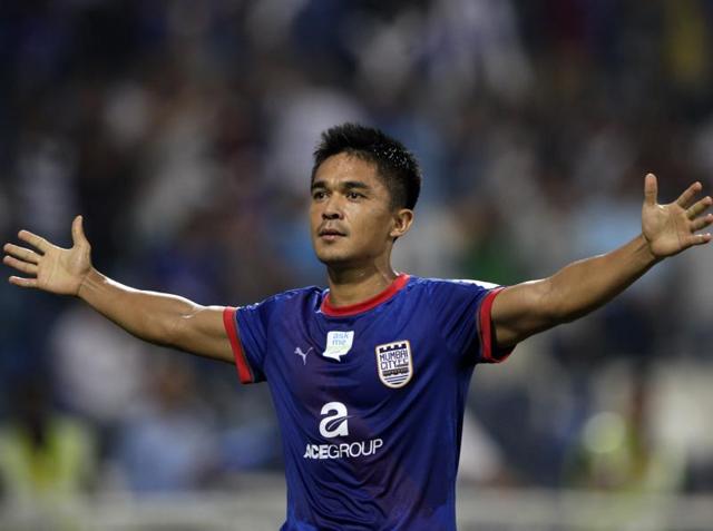 Mumbai City FC’s Sunil Chhetri celebrates after scoring against Delhi Dynamos during the ISL 2015 match at DY Patil Stadium in Navi Mumbai, on October 21, 2015. (Kunal Patil/HT Photo) Mumbai City FC’s Sunil Chhetri celebrates after scoring against Delhi Dynamos during the ISL 2015 match at DY Patil Stadium in Navi Mumbai, on October 21, 2015. (Kunal Patil/HT Photo)