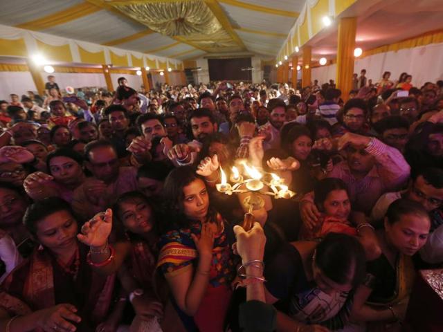Durga Puja celebration at Kali-Bari, in New Delhi, India, on Wednesday. (Ravi Choudhary/HT Photo) Durga Puja celebration at Kali-Bari, in New Delhi, India, on Wednesday. (Ravi Choudhary/HT Photo)