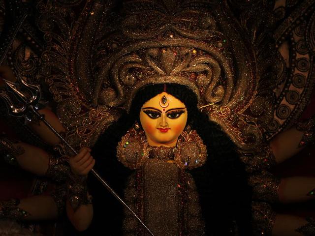 Idol of goddess Durga at Arambagh Puja Park in New Delhi. The festival is celebrated from the sixth to tenth day in the month of Ashvin according to the Hindu calender. (Raj K Raj/HT Photo)