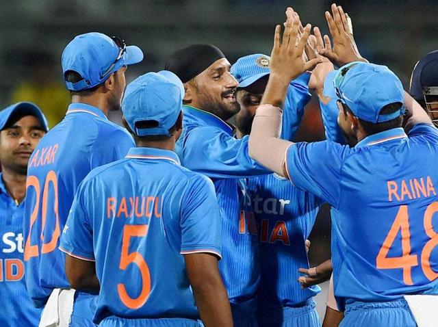 India’s Harbhajan Singh celebrates along with teammates after dismissing South Africa’s Quinton de Kock during the 4th ODI in Chennai on October 22, 2015. (PTI Photo) India’s Harbhajan Singh celebrates along with teammates after dismissing South Africa’s Quinton de Kock during the 4th ODI in Chennai on October 22, 2015. (PTI Photo)