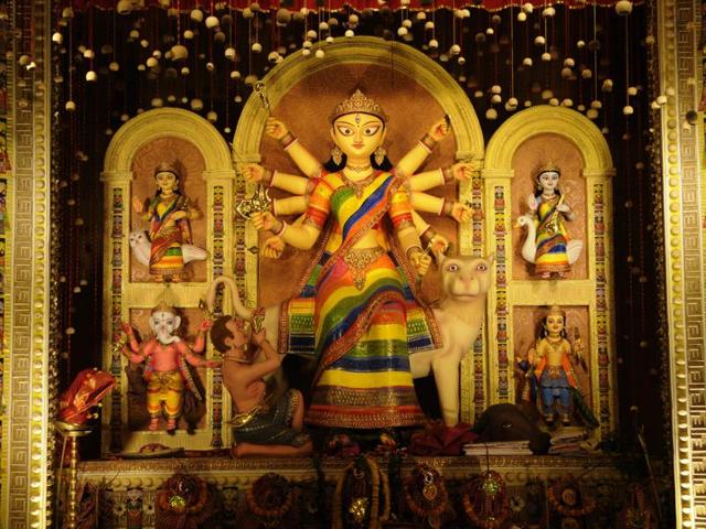 Idol of goddess Durga at a Puja Pandal (marquee) at Tridhara in Kolkata. All commercial establishment are shutdown during the four days celebrations. (Subhankar Chakraborty/HT Photo)