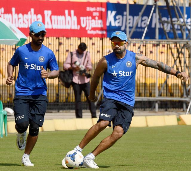 Virat Kohli plays football during a practice session ahead of 4th One-day match against South Africa. (PTI Photo) Virat Kohli plays football during a practice session ahead of 4th One-day match against South Africa. (PTI Photo)