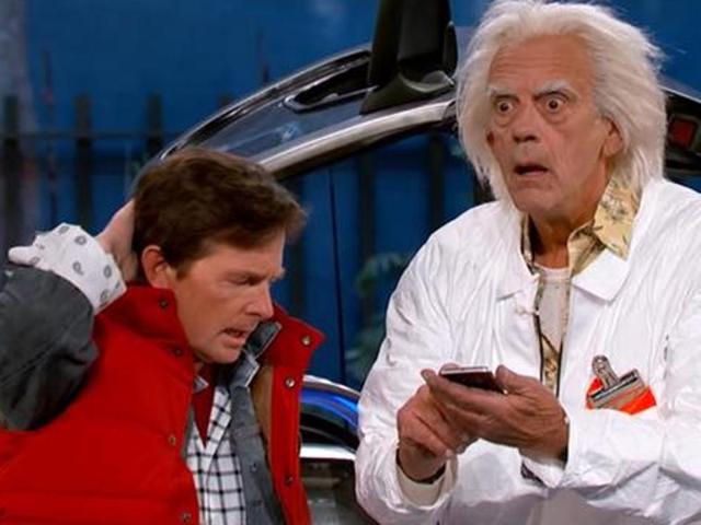 Marty McFly (Michael J. Fox) and Doc (Christopher Lloyd) don’t like 2015 and they are not making any bones about it. In fact, they think it “kind of sucks.” They poked fun of selfies, cronuts, and pretty much everything else about this year when they appeared on Jimmy Kimmel Live. (Twitter)
