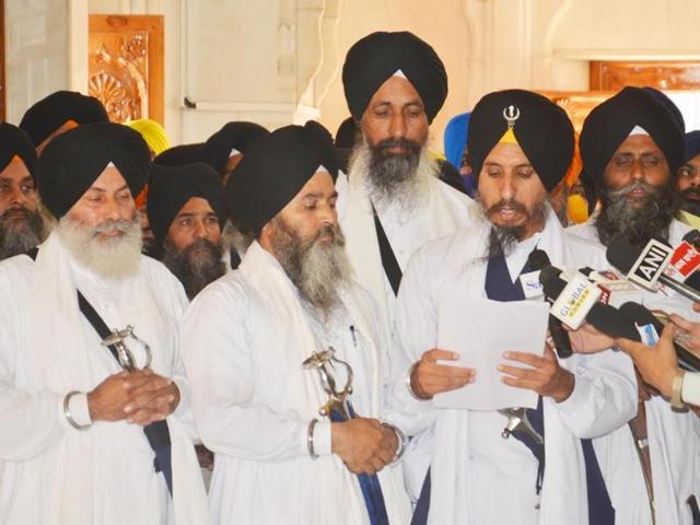 Panj Pyaras at the Akal Takht in the Golden Temple complex in Amritsar on Friday (Sameer Sehgal/HT Photo) Panj Pyaras at the Akal Takht in the Golden Temple complex in Amritsar on Friday (Sameer Sehgal/HT Photo)