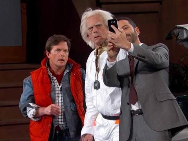 Their characters winced at the lack of flying cars and hoverboards, and selfies, but seemed to like smartphones. Marty told his friend, “Doc, 2015 kind of sucks.”