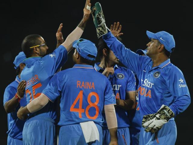 India’s captain Mahendra Singh Dhoni (R) celebrates the wicket of South Africa's Hashim Amla, with teammates during the fourth ODI in Chennai. (AP Photo) India’s captain Mahendra Singh Dhoni (R) celebrates the wicket of South Africa's Hashim Amla, with teammates during the fourth ODI in Chennai. (AP Photo)