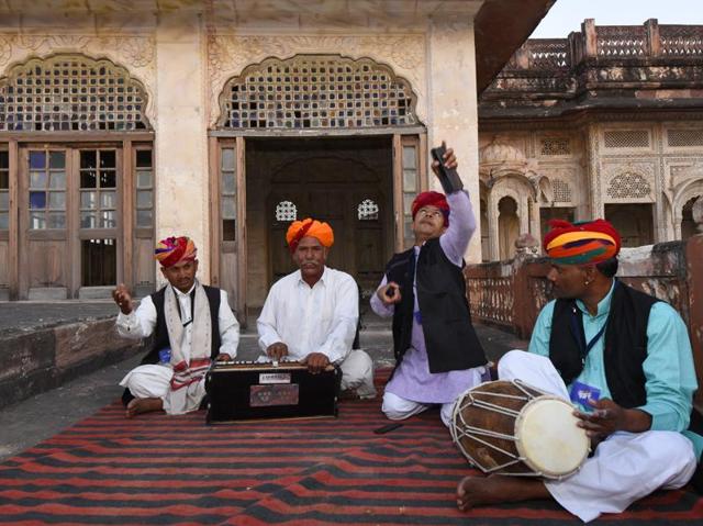 The Manganiyar community of Rajasthan, traditionally a folk singers community performs at the Mehrangarh fort. They will be playing at the Rajasthan International Folk Festival held at Mehrangarh Fort this year in Jodhpur. (Saumya Khandelwal/Hindustan Times)