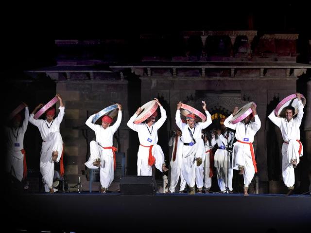 Chang Nritya. Folk artists perform at the Ghanta Ghar on the opening day of Rajasthan International Folk Festival(RIFF) at Mehrangarh Fort in Jodhpur. (Saumya Khandelwal/Hindustan Times)