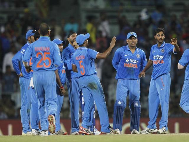 Bhuvneshwar Kumar (2nd R) celebrates after dismissing South Africa’s AB de Villiers (unseen) during their fourth one-day ODI in Chennai. Kumar’s bowling was a concern, but he has done well in the series. (Reuters) Bhuvneshwar Kumar (2nd R) celebrates after dismissing South Africa’s AB de Villiers (unseen) during their fourth one-day ODI in Chennai. Kumar’s bowling was a concern, but he has done well in the series. (Reuters)