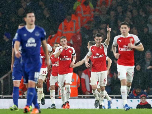Arsenal's Olivier Giroud celebrates scoring his side's first goal during the EPL match against Everton at the Emirates Stadium in London, on October 24, 2015. (AP Photo) Arsenal's Olivier Giroud celebrates scoring his side's first goal during the EPL match against Everton at the Emirates Stadium in London, on October 24, 2015. (AP Photo)