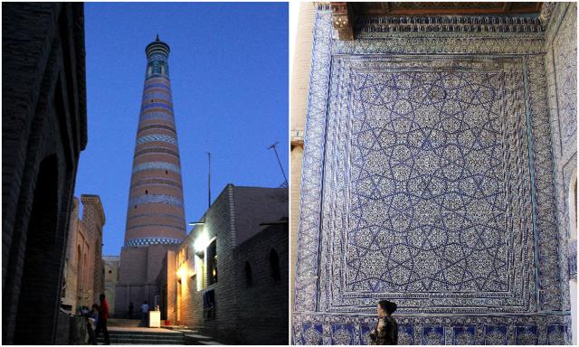 Islam Khodja minaret built in 1910, Khiva and (right) just another wall decorated with blue majolica tiles, 19th Century Tosh Hovli palace, Khiva. (Rama Arya/HT) Islam Khodja minaret built in 1910, Khiva and (right) just another wall decorated with blue majolica tiles, 19th Century Tosh Hovli palace, Khiva. (Rama Arya/HT)