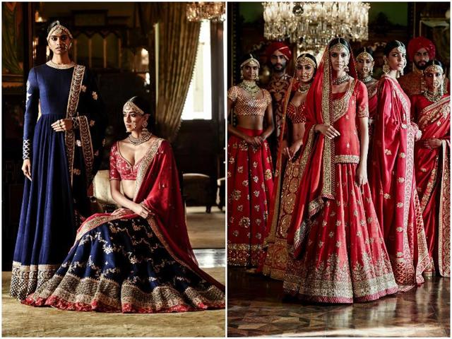 Red contrasted with royal blue creates a stunning impact in this lehenga-choli ensemble by Sabyasachi. You can also look like a royal bride with these scarlet-hued embroidered lehengas.