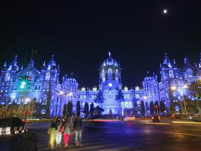 Chhatrapati Shivaji Terminus building illuminated by blue light to commemorate the 70th anniversary of the United Nations in Mumbai. (HT Photo) 