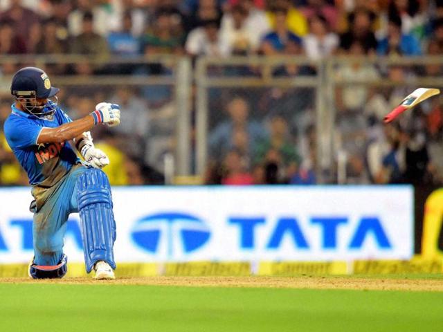 Ajinkya Rahane's bat slips from his hand while batting. Rahane top-scored for India with 87. (PTI Photo)