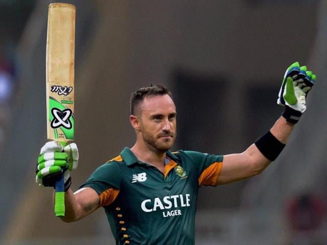 South Africa’s Faf du Plessis raises his bat in celebration of his century. (PTI Photo)