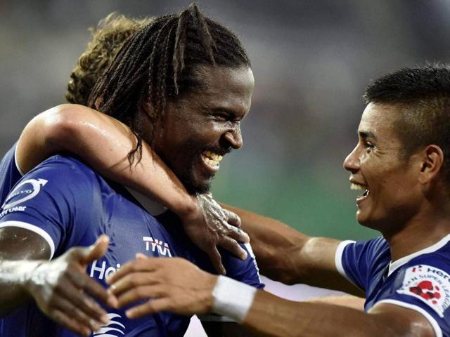 Chennaiyan FC player Bernard Mendy celebrating along with teammates after scoring a goal during the ISL match against FC Pune City in Chennai on October 24, 2015. (PTI Photo) Chennaiyan FC player Bernard Mendy celebrating along with teammates after scoring a goal during the ISL match against FC Pune City in Chennai on October 24, 2015. (PTI Photo)