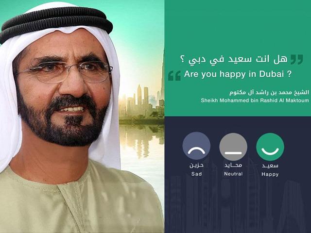An image on the Dubai Police website shows Sheikh Mohammed bin Rashid Al Maktoum, the vice-president and prime minister of the United Arab Emirates and Ruler of Dubai, with the Burj Khalifa tower behind him, with one question in English and Arabic: ‘Are you happy in Dubai?’. (AP Photo) An image on the Dubai Police website shows Sheikh Mohammed bin Rashid Al Maktoum, the vice-president and prime minister of the United Arab Emirates and Ruler of Dubai, with the Burj Khalifa tower behind him, with one question in English and Arabic: ‘Are you happy in Dubai?’. (AP Photo)