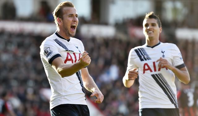 Tottenham Hotspur's Harry Kane, left, celebrates scoring the team’s fourth goal against Bournemouth with teammate Erik Lamela. (Reuters Photo)