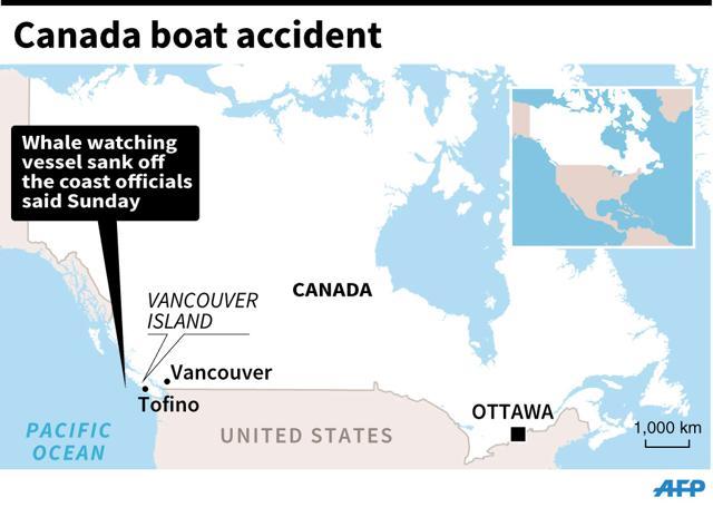 Map showing the area off the coast of Vancouver Island in Canada where the whale watching vessel sank. (AFP Photo) Map showing the area off the coast of Vancouver Island in Canada where the whale watching vessel sank. (AFP Photo)