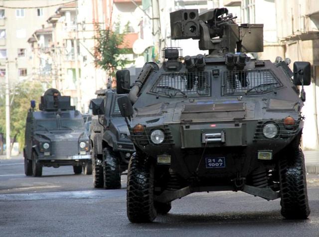 Members of Turkish police special forces in armoured vehicles take part in a security operation in Diyarbakir. (REUTERS) Members of Turkish police special forces in armoured vehicles take part in a security operation in Diyarbakir. (REUTERS)