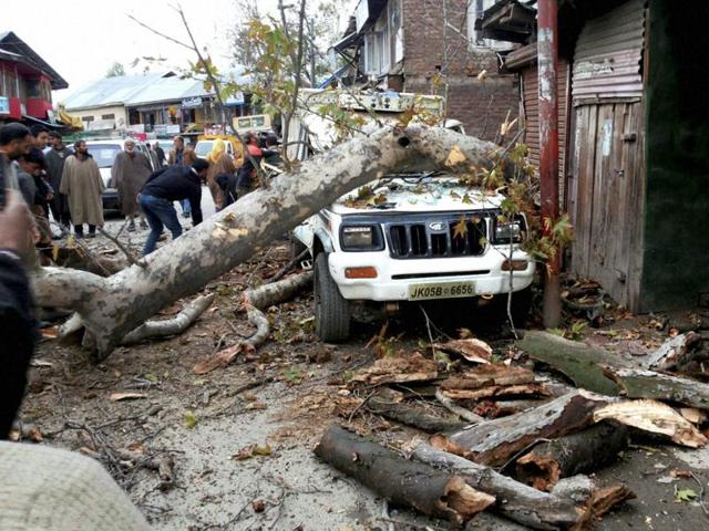 A vehicle demaged after massive earthquake at Rafiabadin Distrct in Baramulla, Jammu and Kashmir. (PTI)