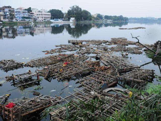 Despite repeated attempts by the pollution control board, thousands of idols still found their way into the Lower Lake in Bhopal. (HT photo) Despite repeated attempts by the pollution control board, thousands of idols still found their way into the Lower Lake in Bhopal. (HT photo)