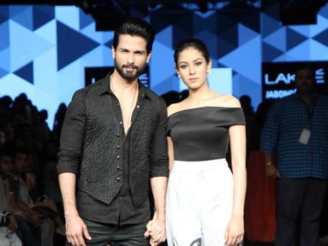 Shahid Kapoor with wife Meera Rajput displays Masaba Gupta collection during the Lakme Fashion Week Winter Festival.(IANS)