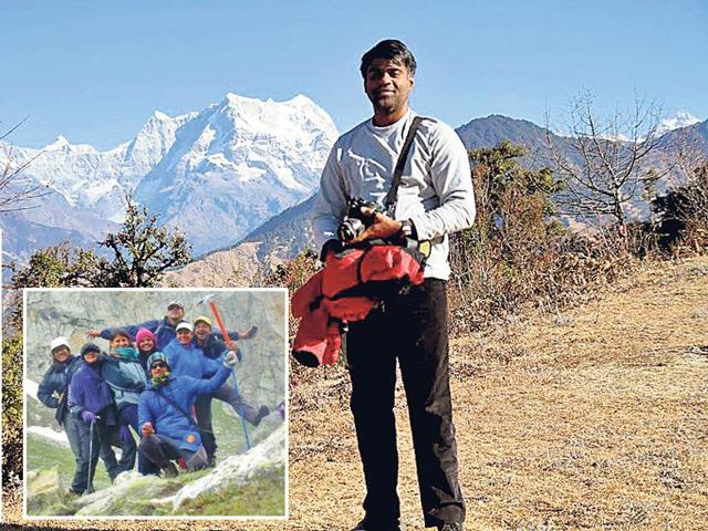 Bhaskar Thyagarajan (top), director, Great India Outdoor, left his media and advertising job to start an adventure travel start-up for corporates. (Inset) Trekking to Hampta Pass, Himachal Pradesh. (HT photo) Bhaskar Thyagarajan (top), director, Great India Outdoor, left his media and advertising job to start an adventure travel start-up for corporates. (Inset) Trekking to Hampta Pass, Himachal Pradesh. (HT photo)