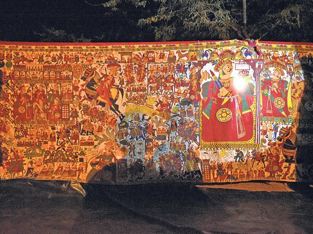 A panel from the 15-ft hand-painted Bhopa scroll on the life of folk deity Pabuji. A panel from the 15-ft hand-painted Bhopa scroll on the life of folk deity Pabuji.