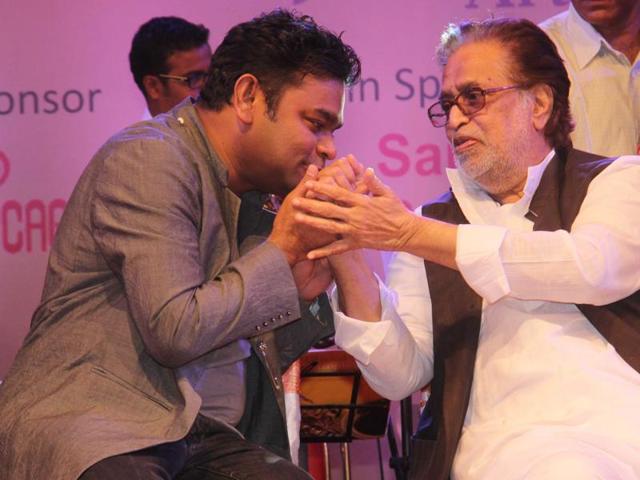 AR Rahman and Hridaynath Mangeshkar greet each other during the ceremony. (Pramod Thakur/HT photo)