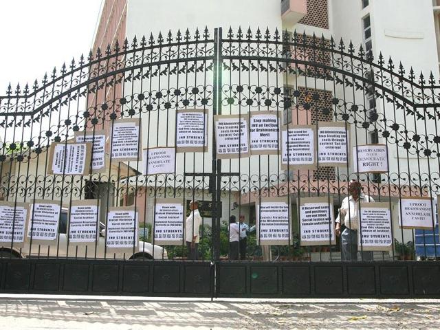 JNU students put placards of their demands on the gate of UGC Office in ITO in New Delhi.(HT file photo)