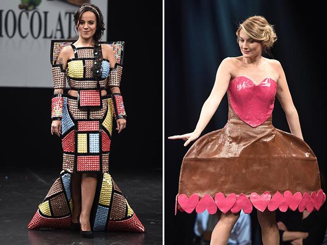 French singer Alizee and TV host Sandrine Arcizet in a chocolate studded dress. (AFP)