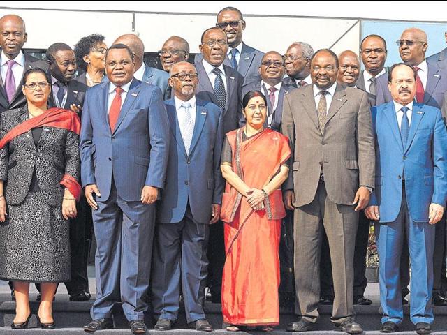 External affairs minister Sushma Swaraj (centre) poses with her counterparts from the African continent ahead of a meeting of ministers in New Delhi on Tuesday. (Sonu Mehta/HT Photo) External affairs minister Sushma Swaraj (centre) poses with her counterparts from the African continent ahead of a meeting of ministers in New Delhi on Tuesday. (Sonu Mehta/HT Photo)