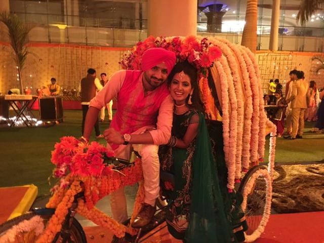 Harbhajan Singh and Geeta Basra at their sangeet ceremony on Tuesday. (TWITTER/HARBHAJANSINGH) Harbhajan Singh and Geeta Basra at their sangeet ceremony on Tuesday. (TWITTER/HARBHAJANSINGH)