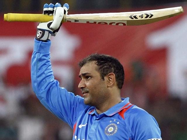 Virender Sehwag celebrates his double hundred during the 4th ODI between India and West Indies at Holkar Stadium in Indore on December 8, 2011. (Santosh Harhare/HT Photo) Virender Sehwag celebrates his double hundred during the 4th ODI between India and West Indies at Holkar Stadium in Indore on December 8, 2011. (Santosh Harhare/HT Photo)