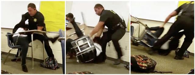 This three image combo made from video taken by a Spring Valley High School student shows Senior Deputy Ben Fields trying to forcibly remove a student from her chair after she refused to leave her high school math class, in Columbia SC. The Justice Department opened a civil rights investigation Tuesday after Fields flipped the student backward in her desk and tossed her across the floor. (AP Photo) This three image combo made from video taken by a Spring Valley High School student shows Senior Deputy Ben Fields trying to forcibly remove a student from her chair after she refused to leave her high school math class, in Columbia SC. The Justice Department opened a civil rights investigation Tuesday after Fields flipped the student backward in her desk and tossed her across the floor. (AP Photo)