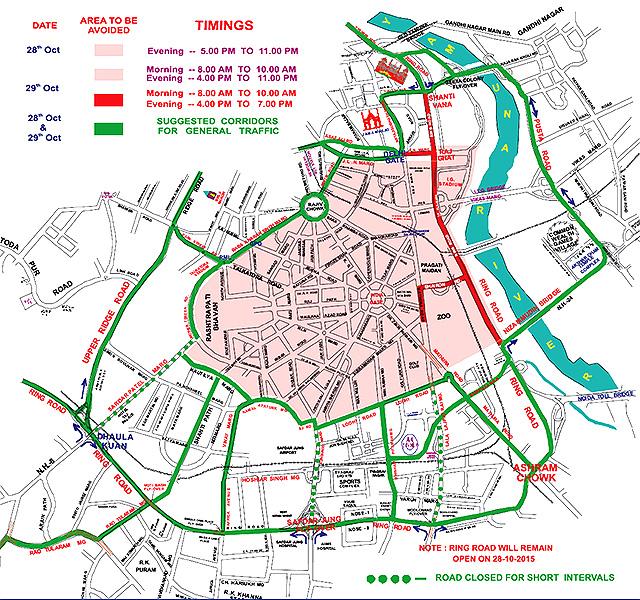 A map released by Delhi police advising commuters of potential areas of traffic congestion. (HT Photo) A map released by Delhi police advising commuters of potential areas of traffic congestion. (HT Photo)