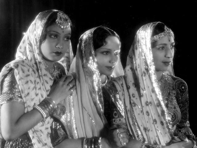 This still image was used for the marketing and publicity of Bombay Talkies film Achhut Kanya, 1936. Devika Rani (center) flanked by the two other leading actresses in the film Sunita Devi and Kusum Kumari (Josef Wirsching)