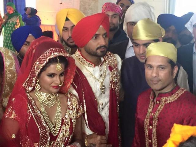 Sachin Tendulkar with Geeta Basra and Harbhajan Singh at their wedding ceremony. (Naveneet Kalra)