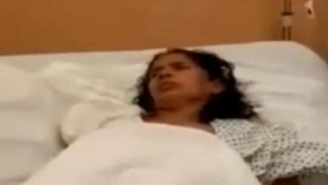 TV grab of Kasturi Munirathinam, whose hand was allegedly chopped off by her Saudi employer. (PTI)