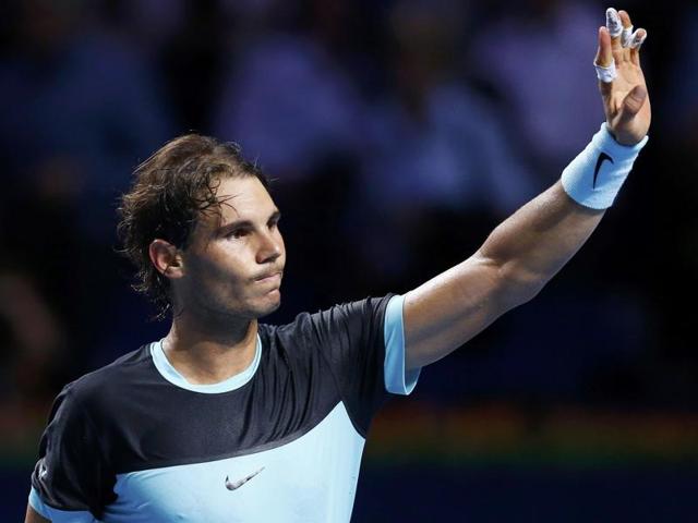 Grigor Dimitrov serves to Rafael Nadal during their match at the Swiss Indoors in Basel, Switzerland, on October 28, 2015. (Reuters Photo)