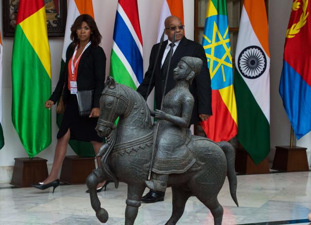 South Africa's President Jacob Zuma (R) walks past flags of African nations as he arrives to meet Prime Minister Narendra Modi at the India-Africa Forum Summit in New Delhi. (AFP) South Africa's President Jacob Zuma (R) walks past flags of African nations as he arrives to meet Prime Minister Narendra Modi at the India-Africa Forum Summit in New Delhi. (AFP)