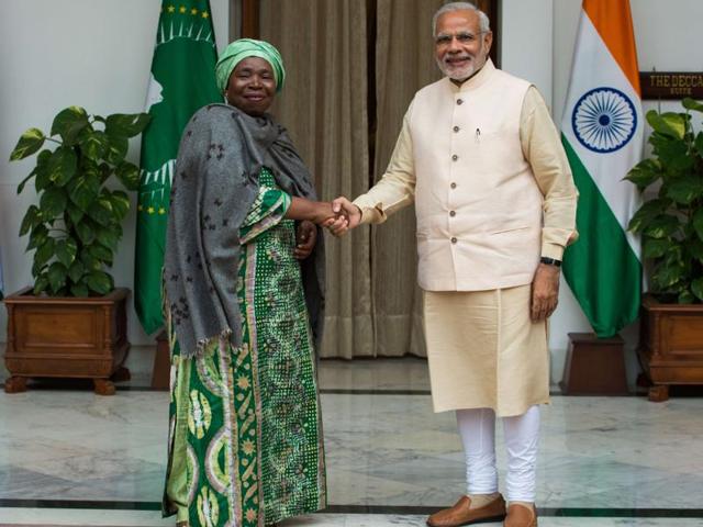 African Union Chairperson Nkosazana Dlamini-Zuma shakes hands with Prime Minister Narendra Modi during their meeting at the India-Africa Forum Summit in New Delhi. (AFP) African Union Chairperson Nkosazana Dlamini-Zuma shakes hands with Prime Minister Narendra Modi during their meeting at the India-Africa Forum Summit in New Delhi. (AFP)