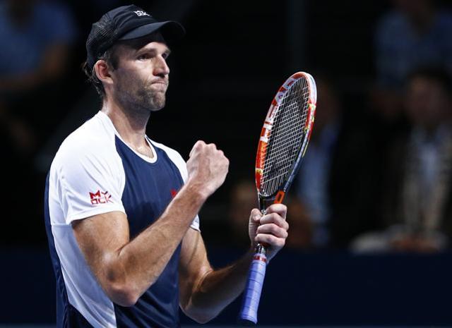 Ivo Karlovic of Croatia reacts after defeating Switzerland's Stan Wawrinka at the Swiss Indoors in Basel, Switzerland, on October 28, 2015. (Reuters Photo)