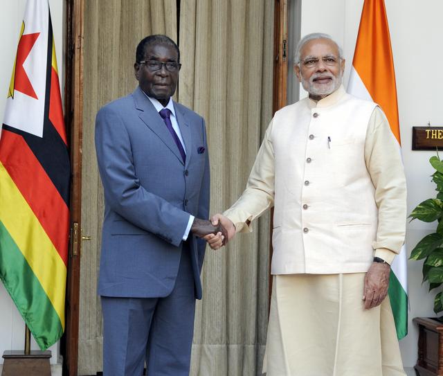 President of Zimbabwe Robert Mugabe meets with Prime Minister Narendra Modi before a bilateral meeting for the 3rd India-Africa Forum Summit. Modi seeks to forge stronger ties with Africa, a continent which has already received substantial investment from China. (Sonu Mehta/ HT Photo)