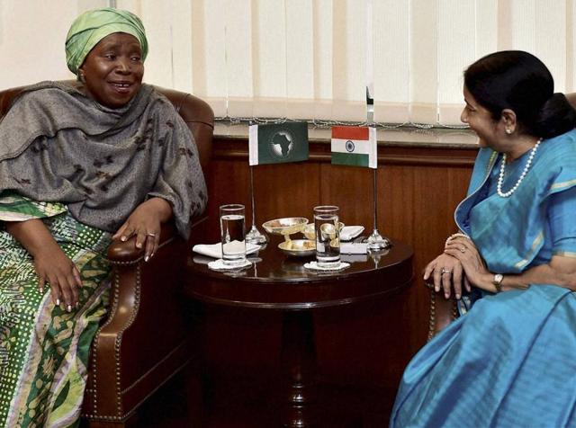 External Affairs Minister Sushma Swaraj with Chairperson of African Union Commission, Nkosazana Dlamini Zuma. (PTI) External Affairs Minister Sushma Swaraj with Chairperson of African Union Commission, Nkosazana Dlamini Zuma. (PTI)