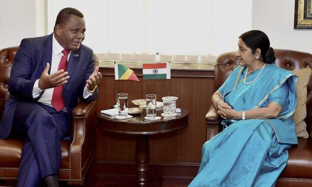 External Affairs Minister Sushma Swaraj talks with her Congo counterpart Jean Claude Gkosso during a meeting. (PTI) External Affairs Minister Sushma Swaraj talks with her Congo counterpart Jean Claude Gkosso during a meeting. (PTI)
